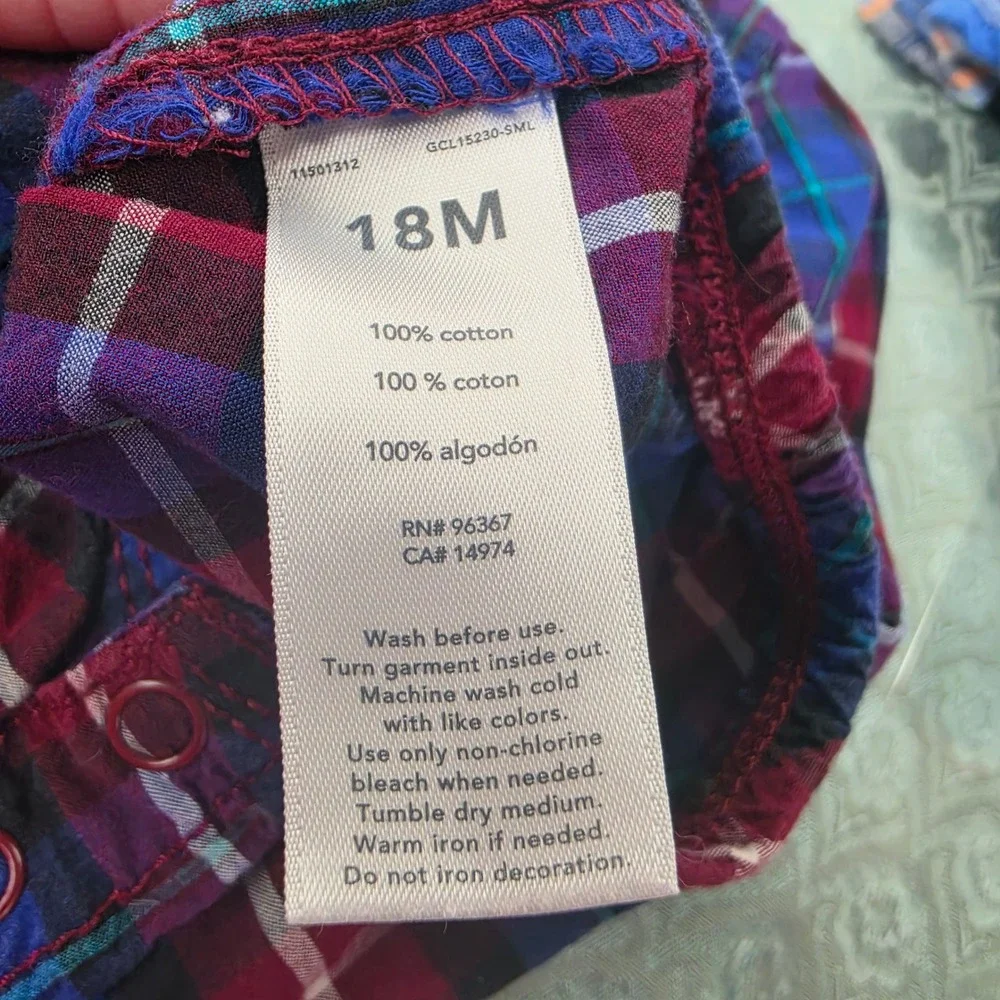OshKosh Bgosh Baby Boy 18M Plaid Flannel Long Sleeve Shirt Bodysuit Purple Blue